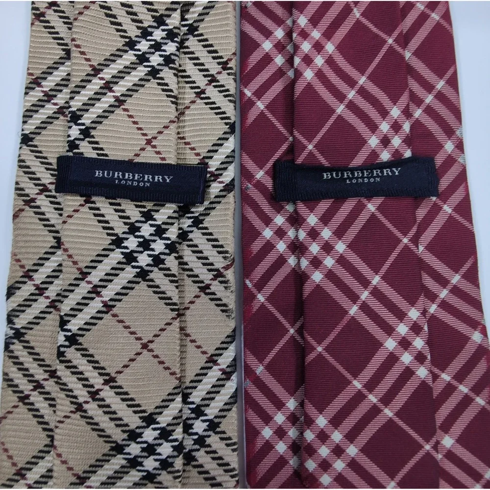 Burberry Mens Neckties Lot 2 OS Tan Red Nova Check Silk AS IS Craft Repair